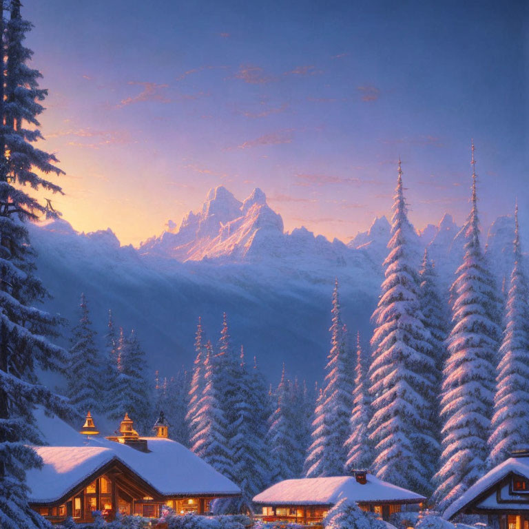 Scenic Snow-Covered Chalets Among Frosty Pine Trees at Sunset