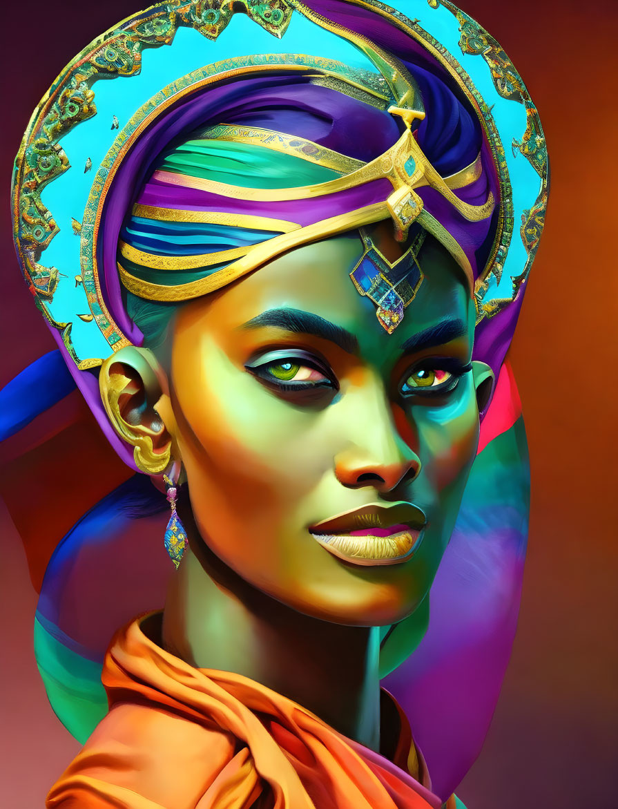 Colorful digital portrait of a woman with ornate headpiece and intricate designs.