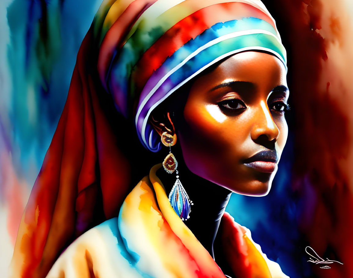 Colorful digital artwork: Woman with striking eyes, multicolored headscarf, and earring