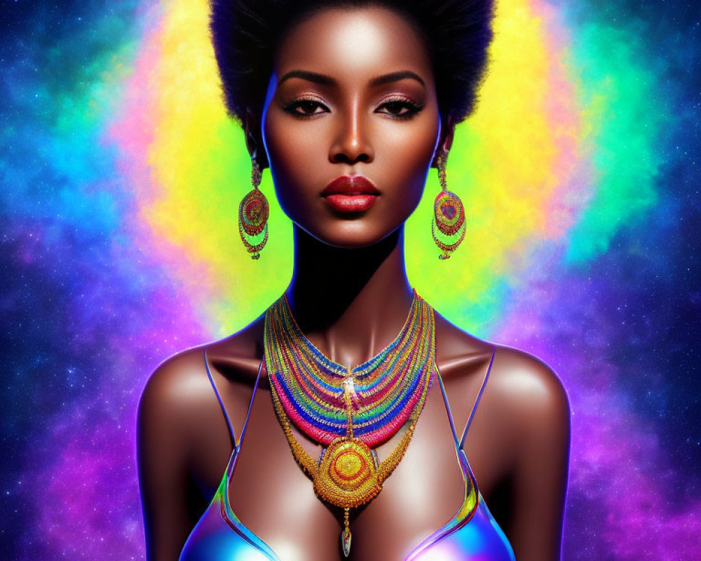 Vibrant digital portrait of woman with afro and colorful accessories against cosmic backdrop