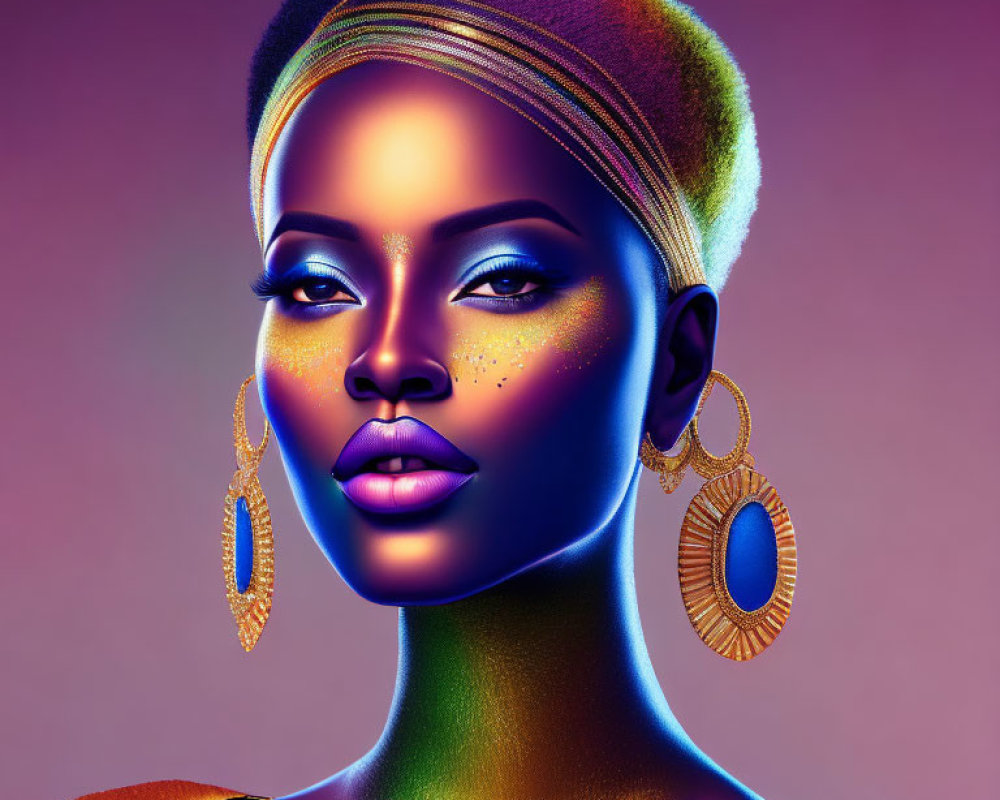 Digital portrait of woman with metallic skin tones, hoop earrings, and headwrap on purple background