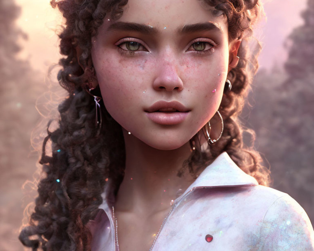 Portrait of young woman with freckles, curly hair, green eyes, hoop earrings, and pink