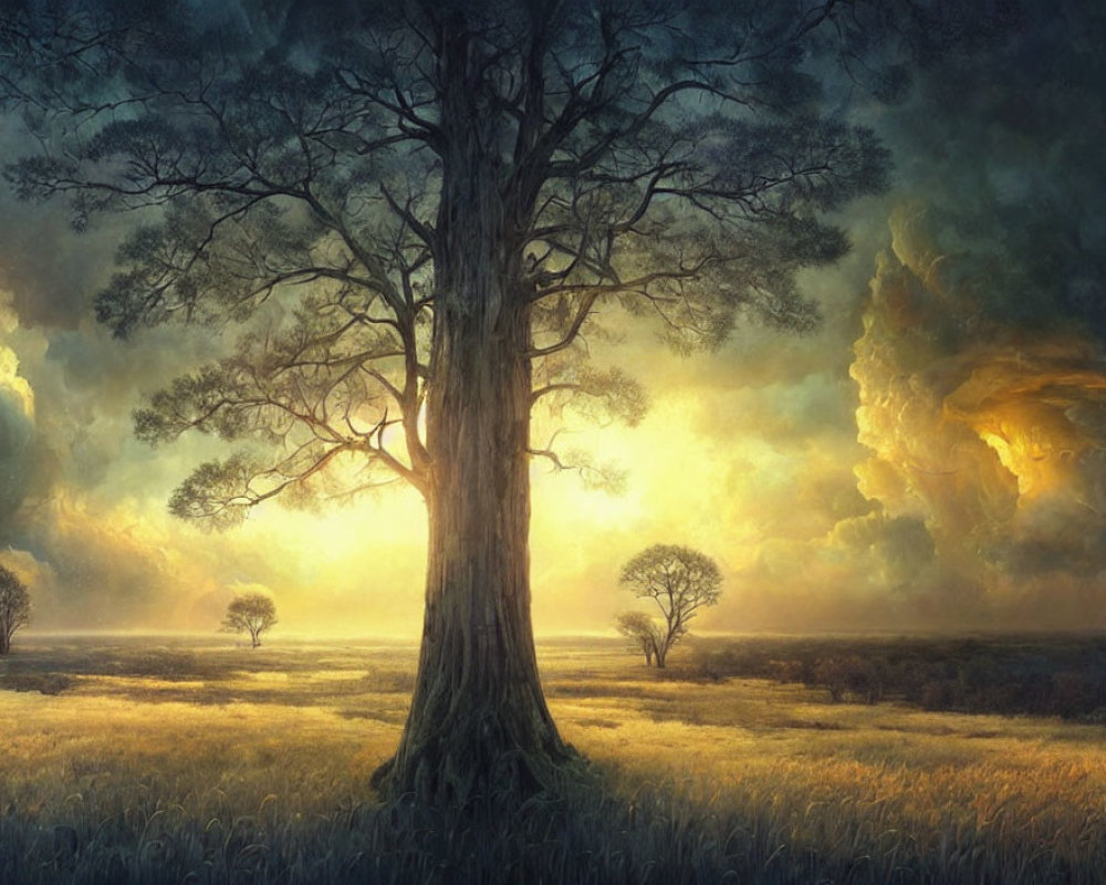 Majestic tree in serene grassland at sunset with ethereal clouds