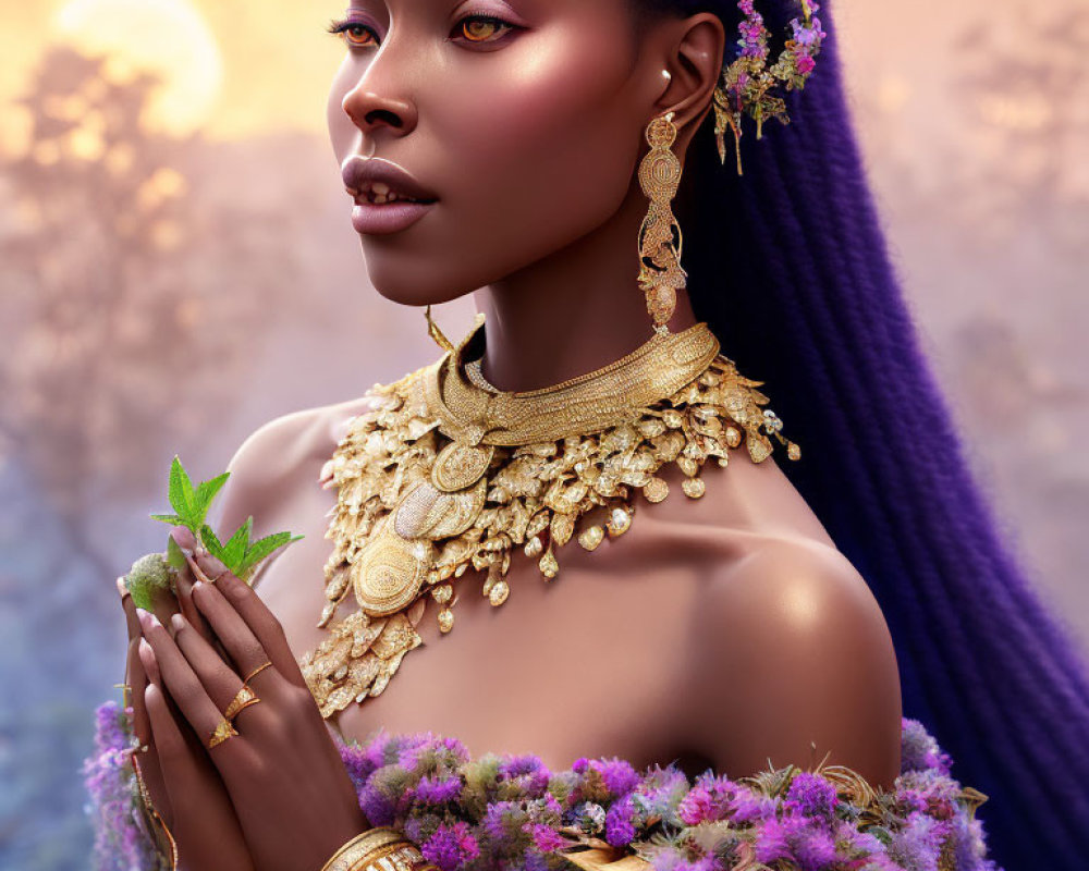 Illustration of woman with purple hair and flowers, golden jewelry, green plant, sunset backdrop