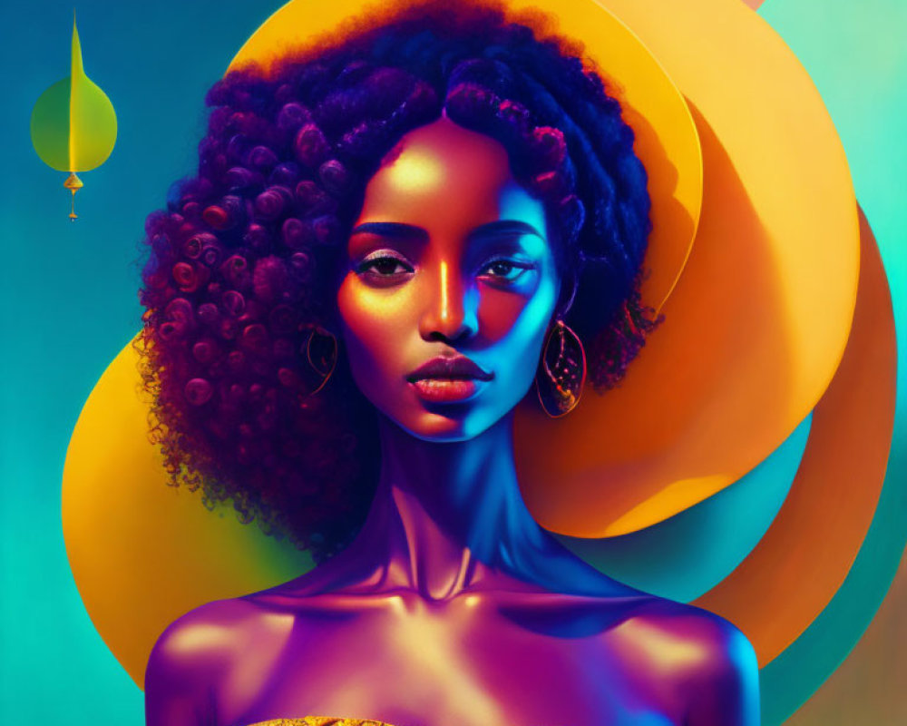 Colorful digital portrait of a woman with afro and yellow dress on abstract background