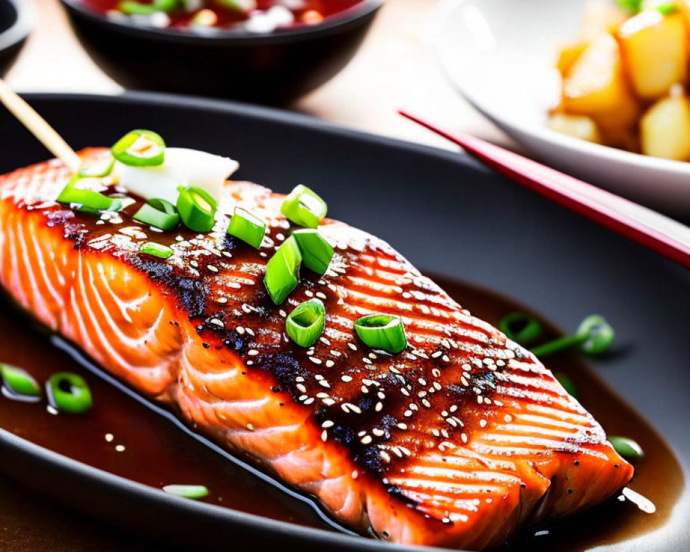 Sesame-Crusted Grilled Salmon Fillet on Ceramic Plate