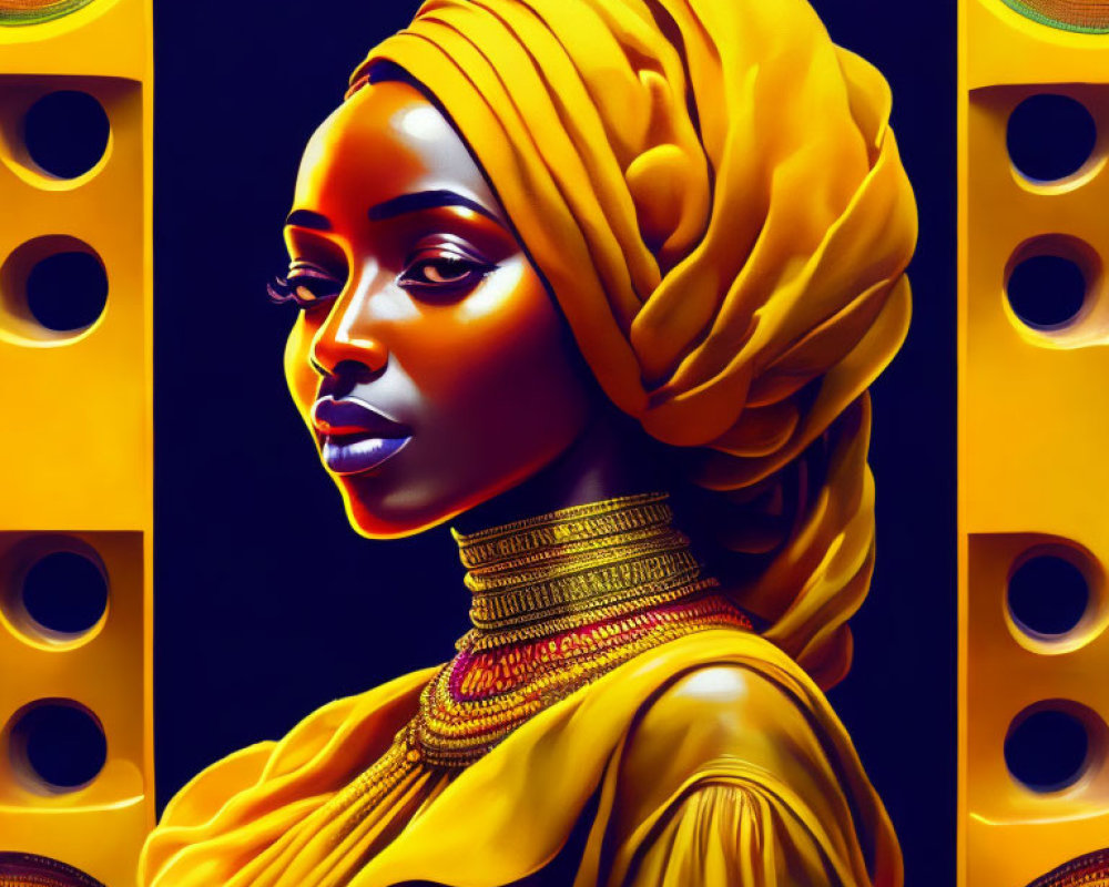 Digital Artwork: Woman in Yellow Headscarf with Gold Jewelry and Speaker Designs