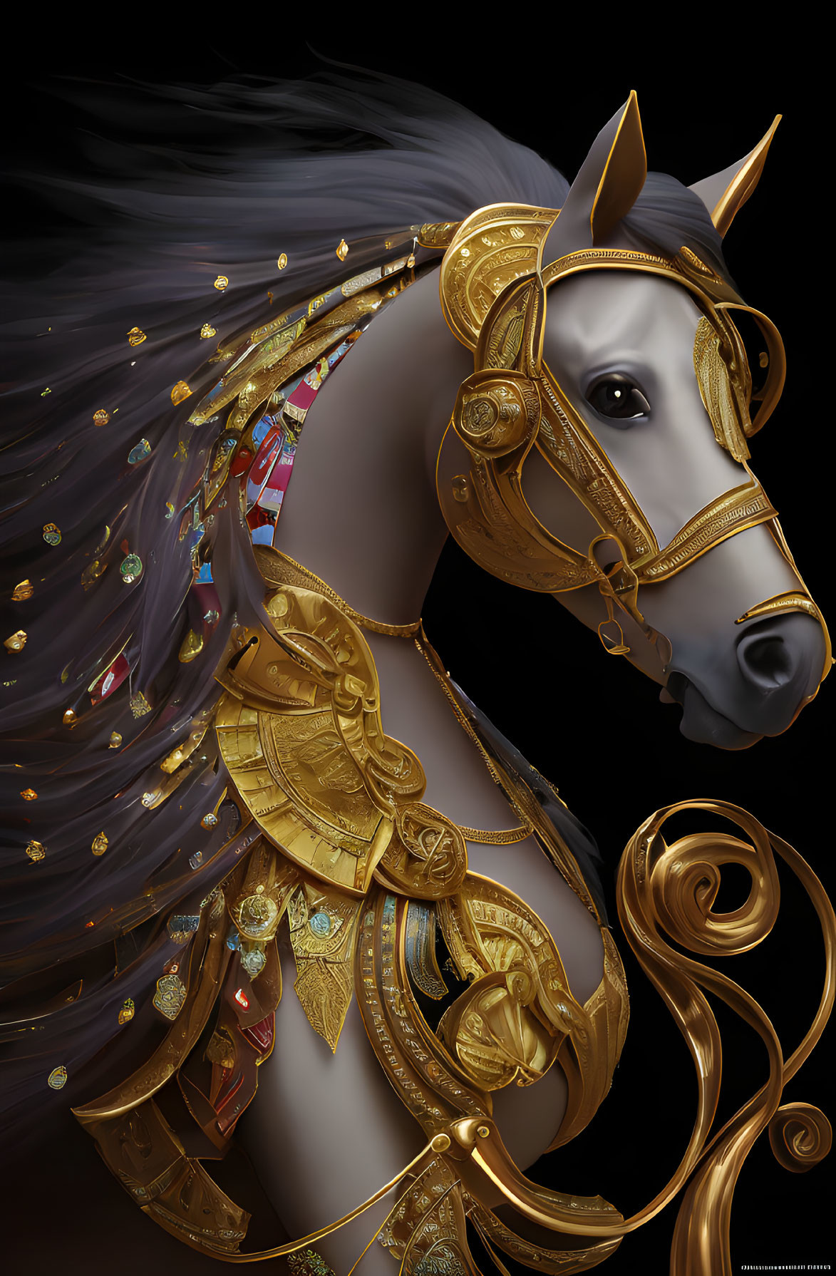 Elegant horse with dark mane in gold armor and decorations