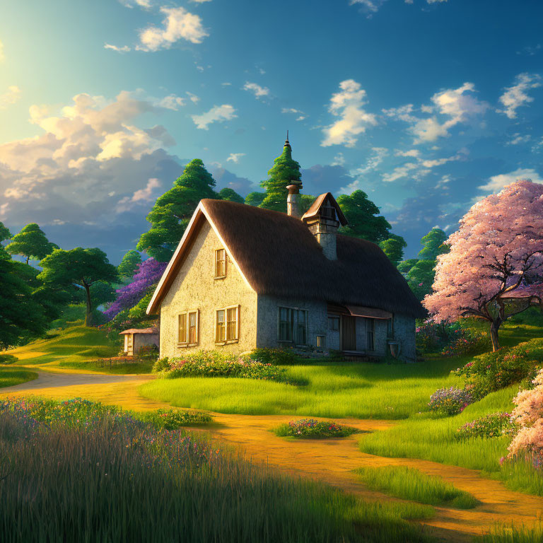 Thatched Roof Cottage Surrounded by Pink Trees in Golden Sunset