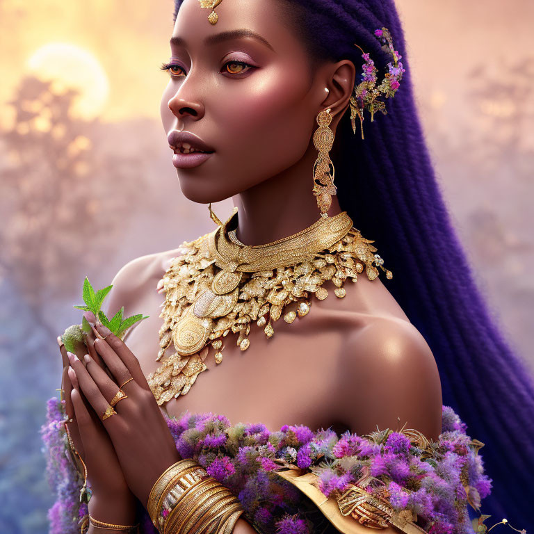 Illustration of woman with purple hair and flowers, golden jewelry, green plant, sunset backdrop