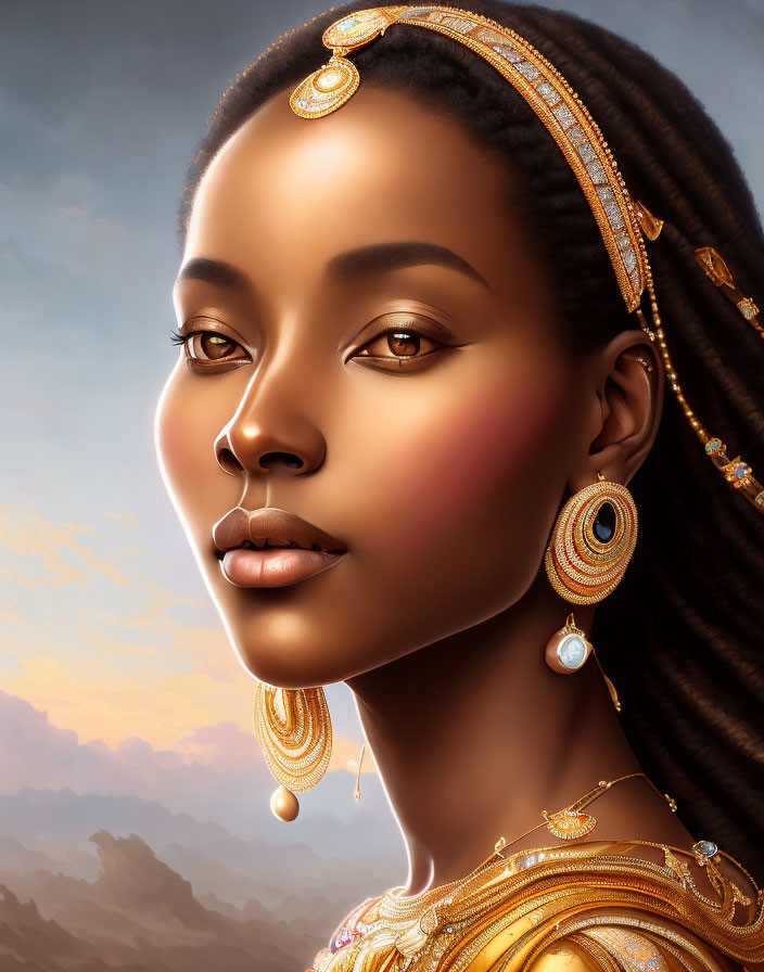 Digital Artwork: Woman with Golden Jewelry in Sunset Sky