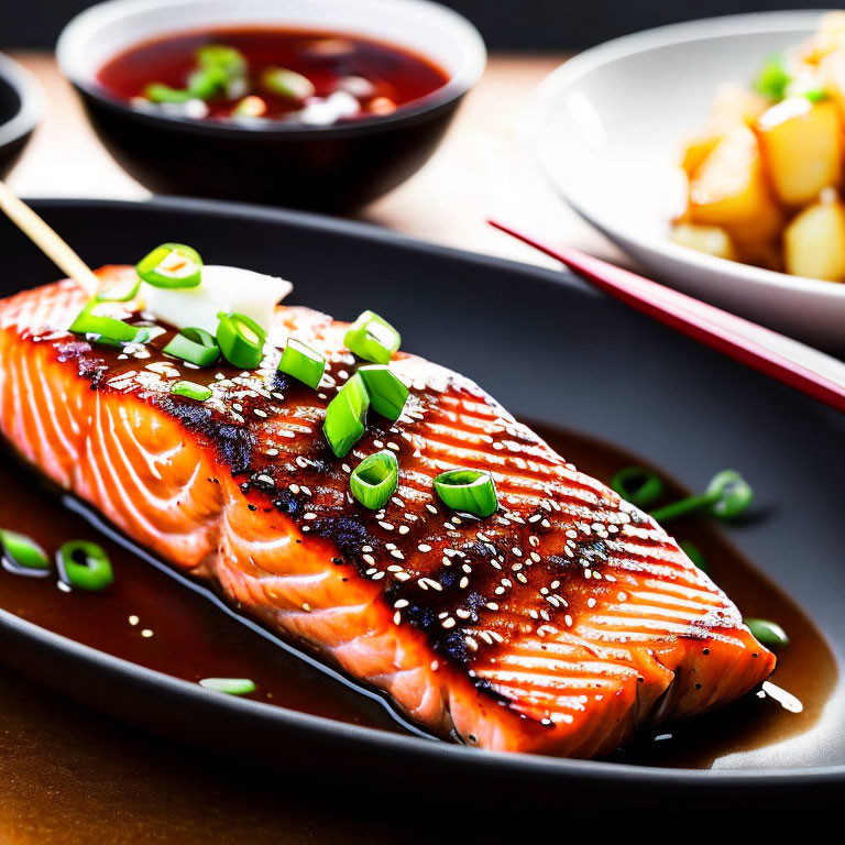 Sesame-Crusted Grilled Salmon Fillet on Ceramic Plate