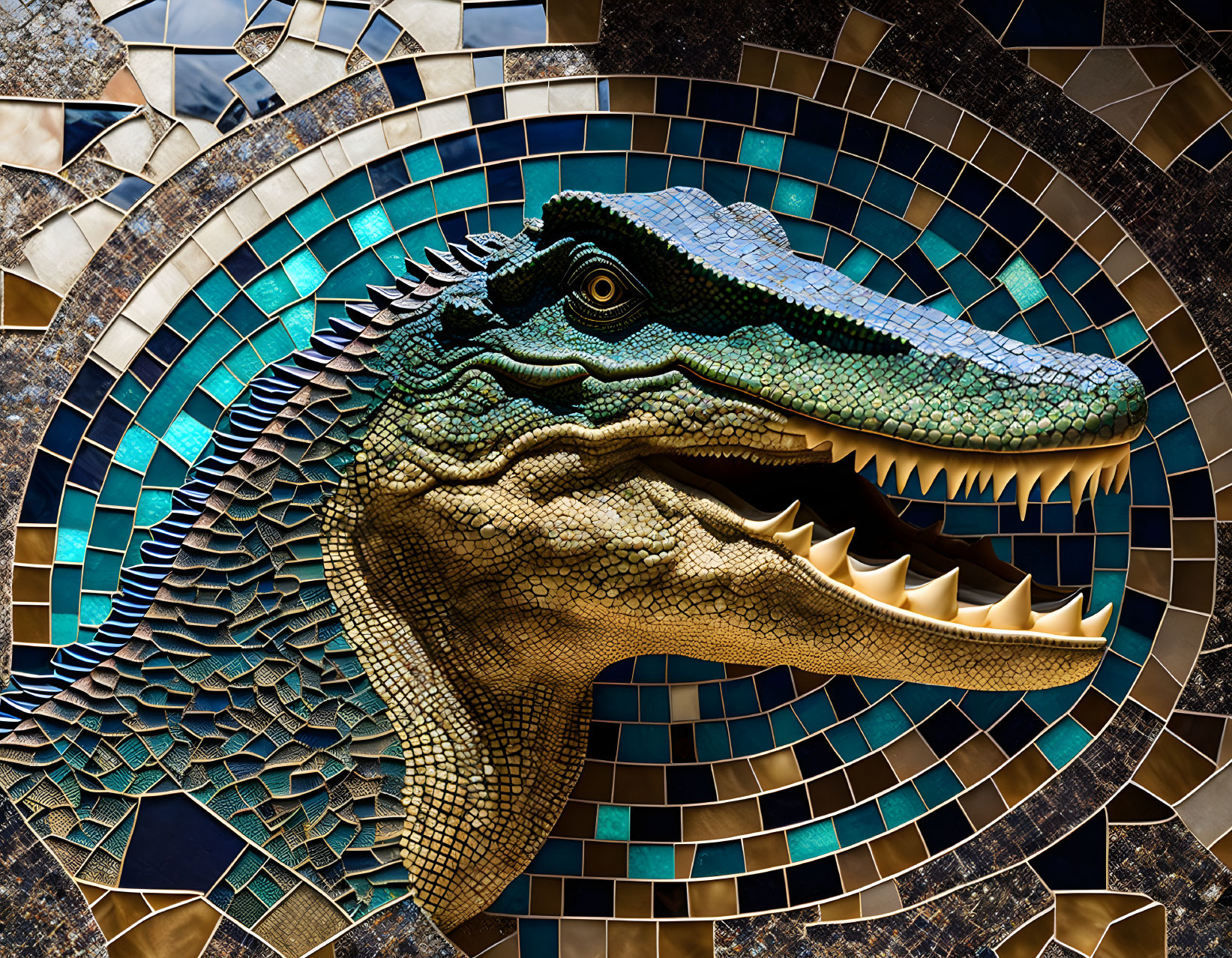 Colorful Crocodile Head Mosaic Sculpture in Blue and Green