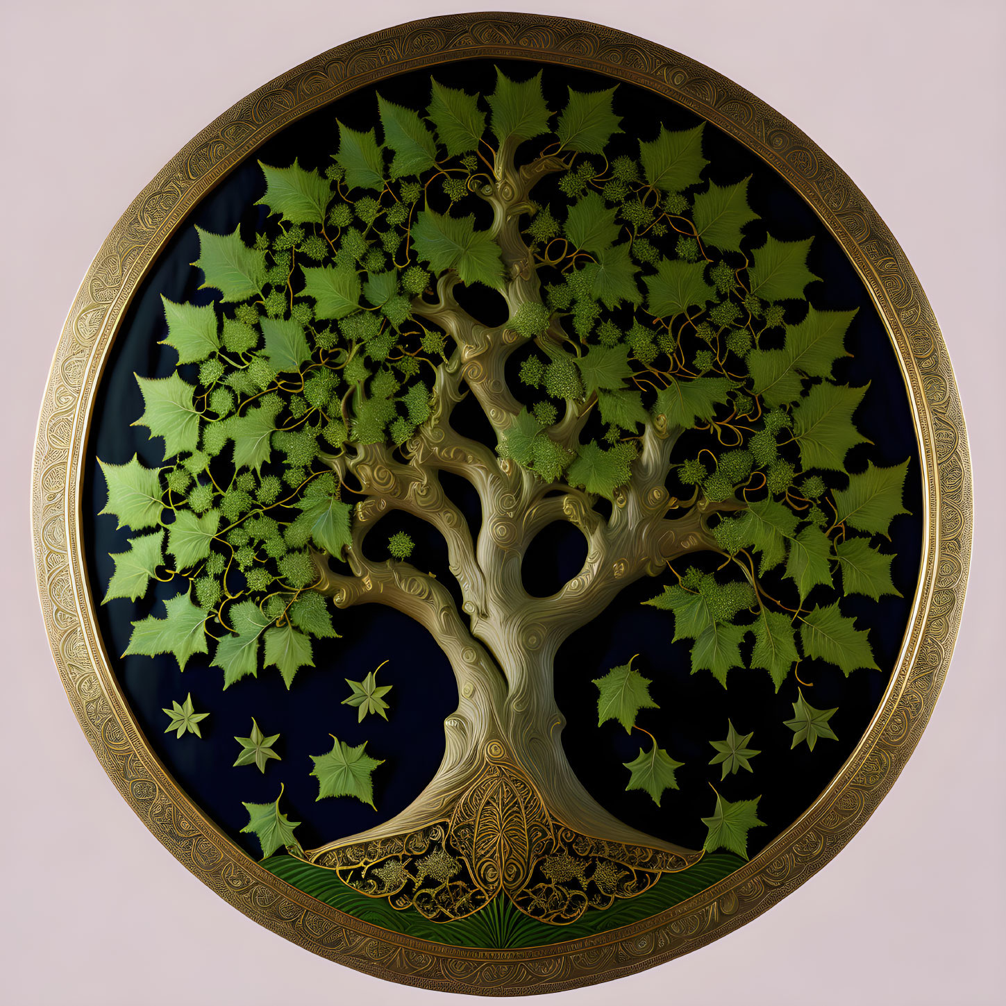 Round Decorative Plate with Stylized Tree Relief and Gold Border