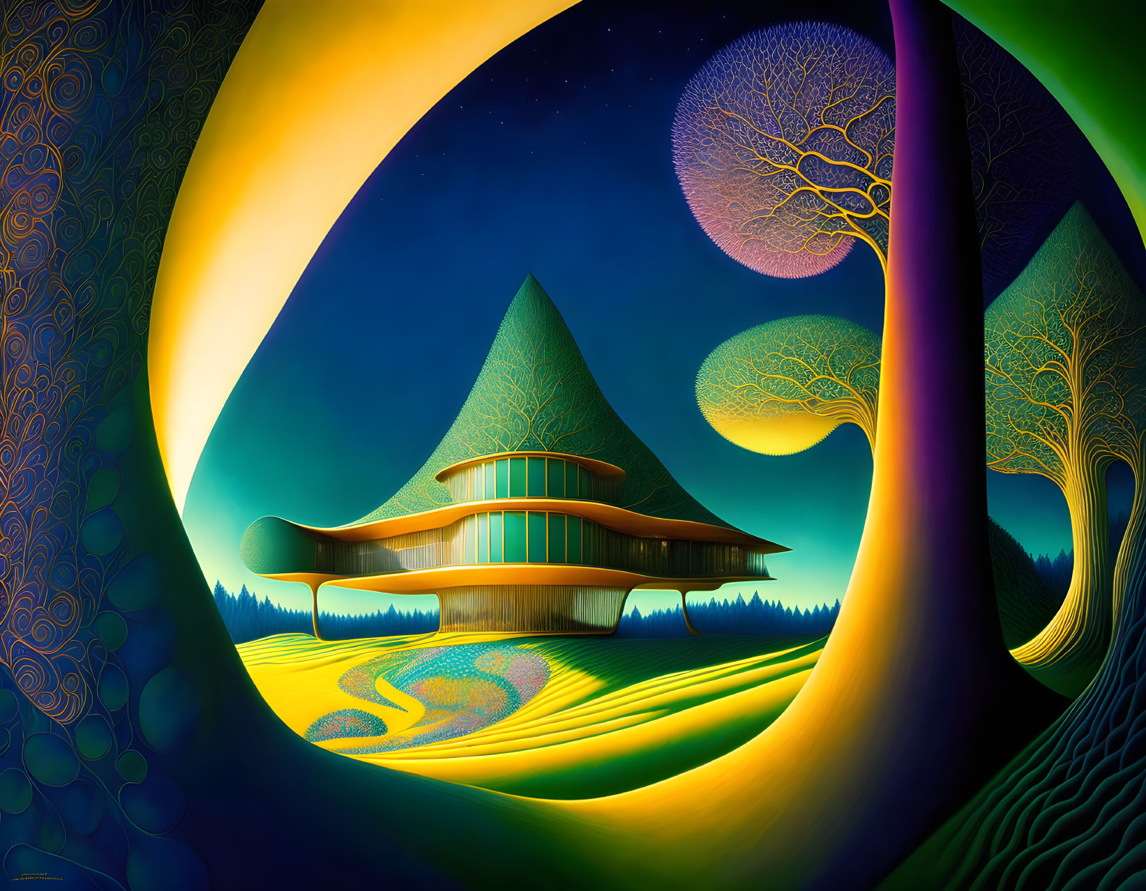 Whimsical landscape with crescent moon and stylized building