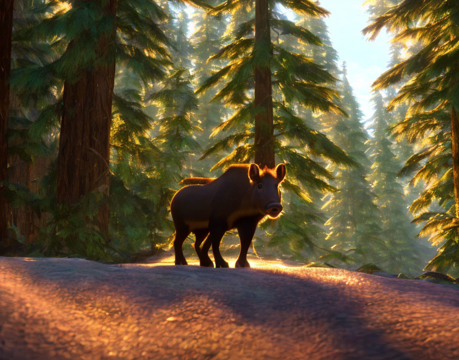 Wild boar in sunlit forest with pine trees and rays of light