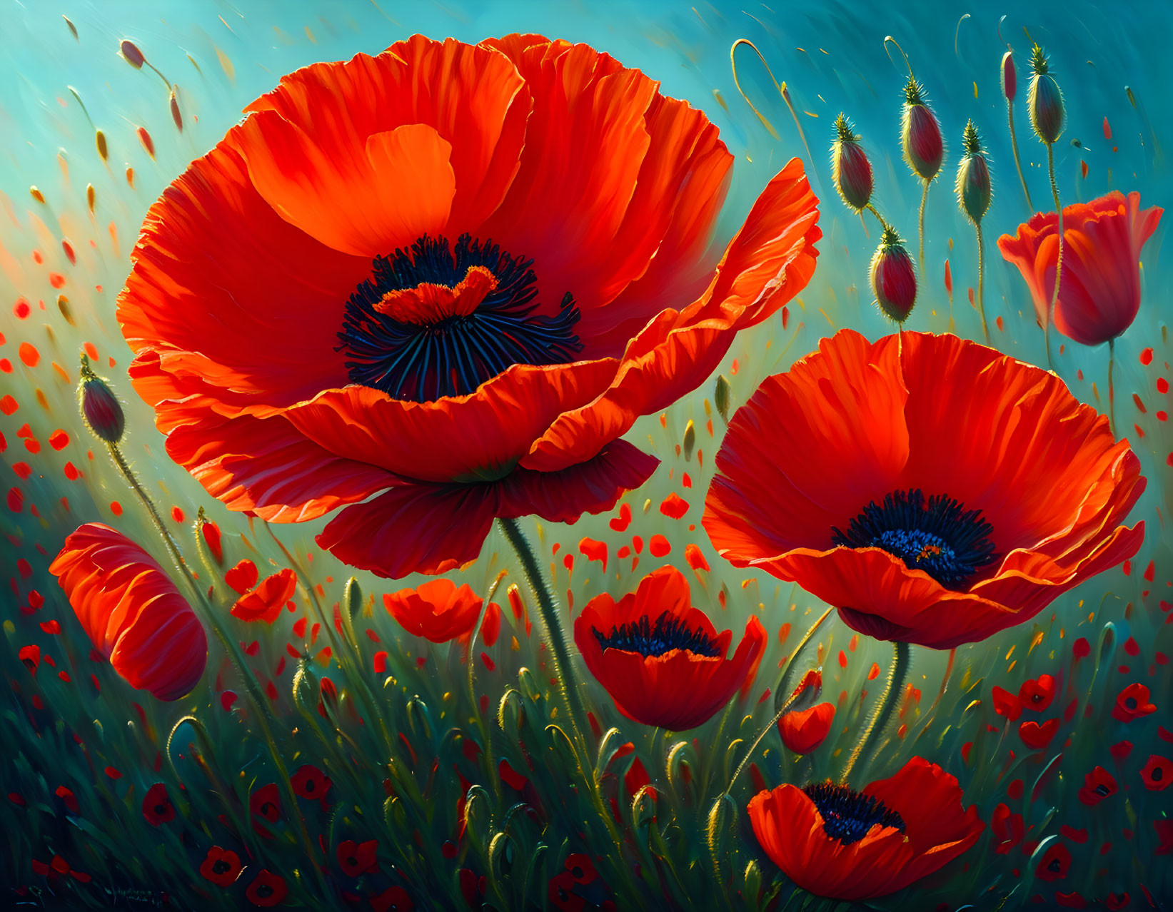 Bright Red Poppies Against Teal Background