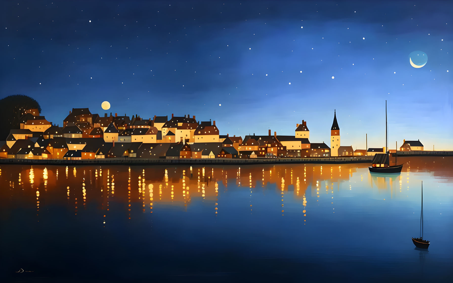 Starry night landscape over coastal village with calm waters