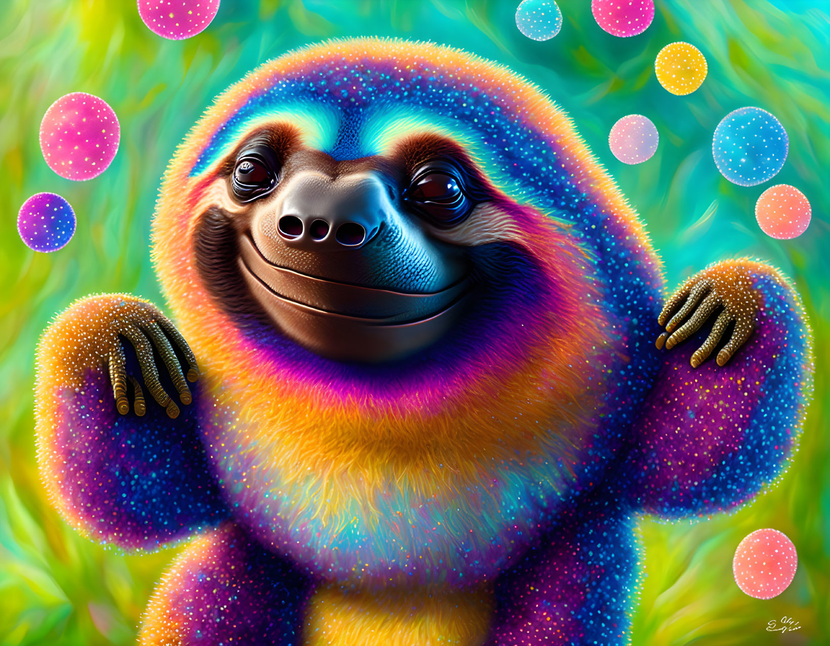 Vibrant smiling sloth surrounded by bubbles in dreamlike setting