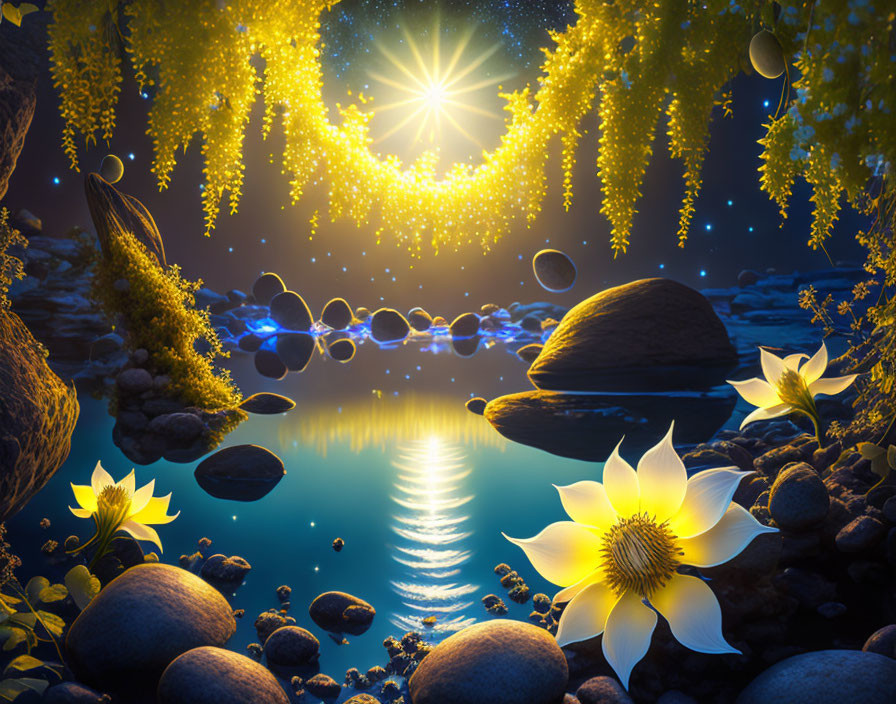 Nighttime landscape with glowing flowers, stones, and starlit sky.