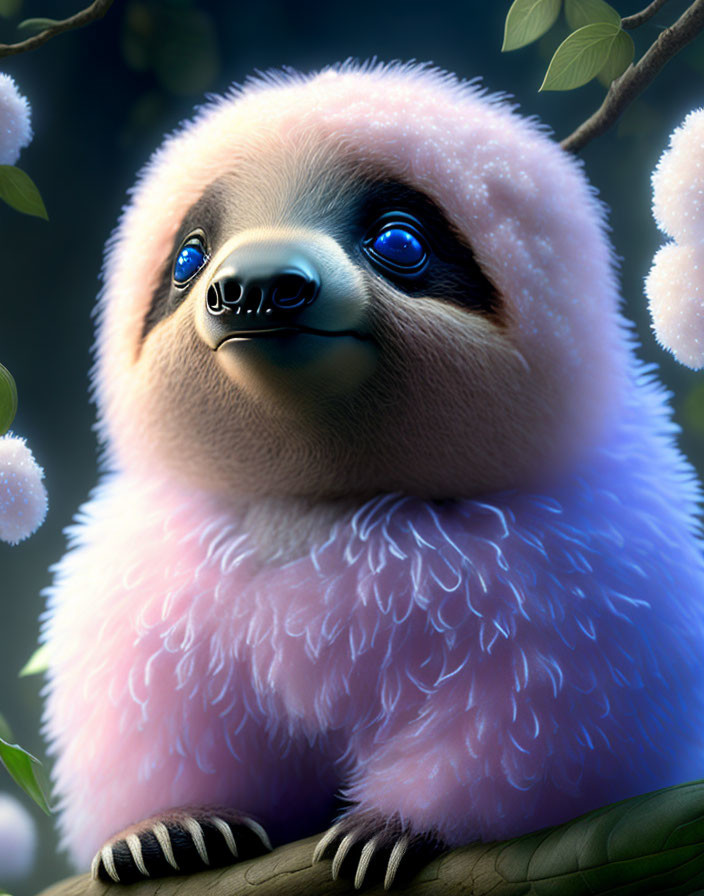 Fluffy pink creature with luminous blue eyes on branch in whimsical illustration