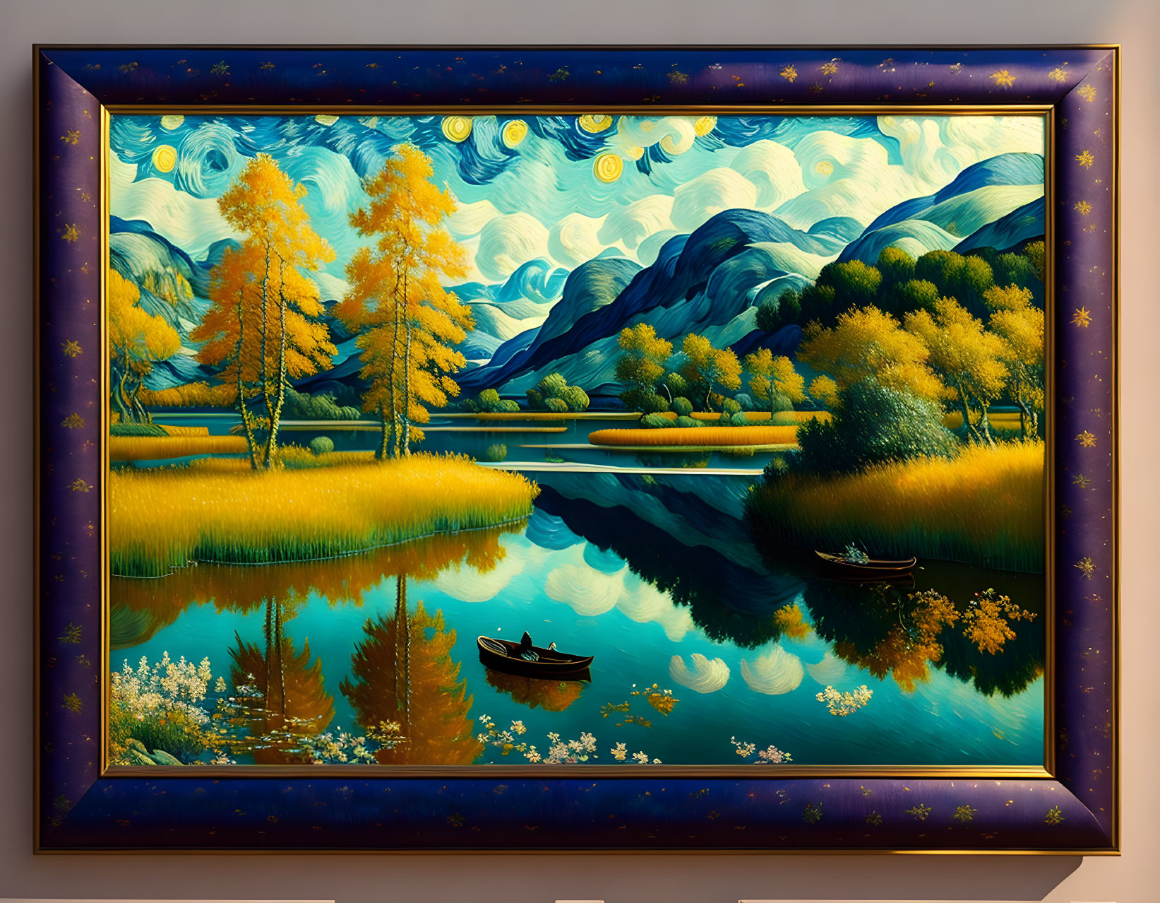 Autumnal landscape painting with golden trees, serene lake, boat, mountains, and starry night