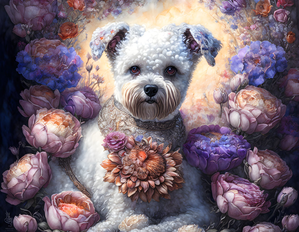 Fluffy white dog with vibrant purple, pink, and orange flowers