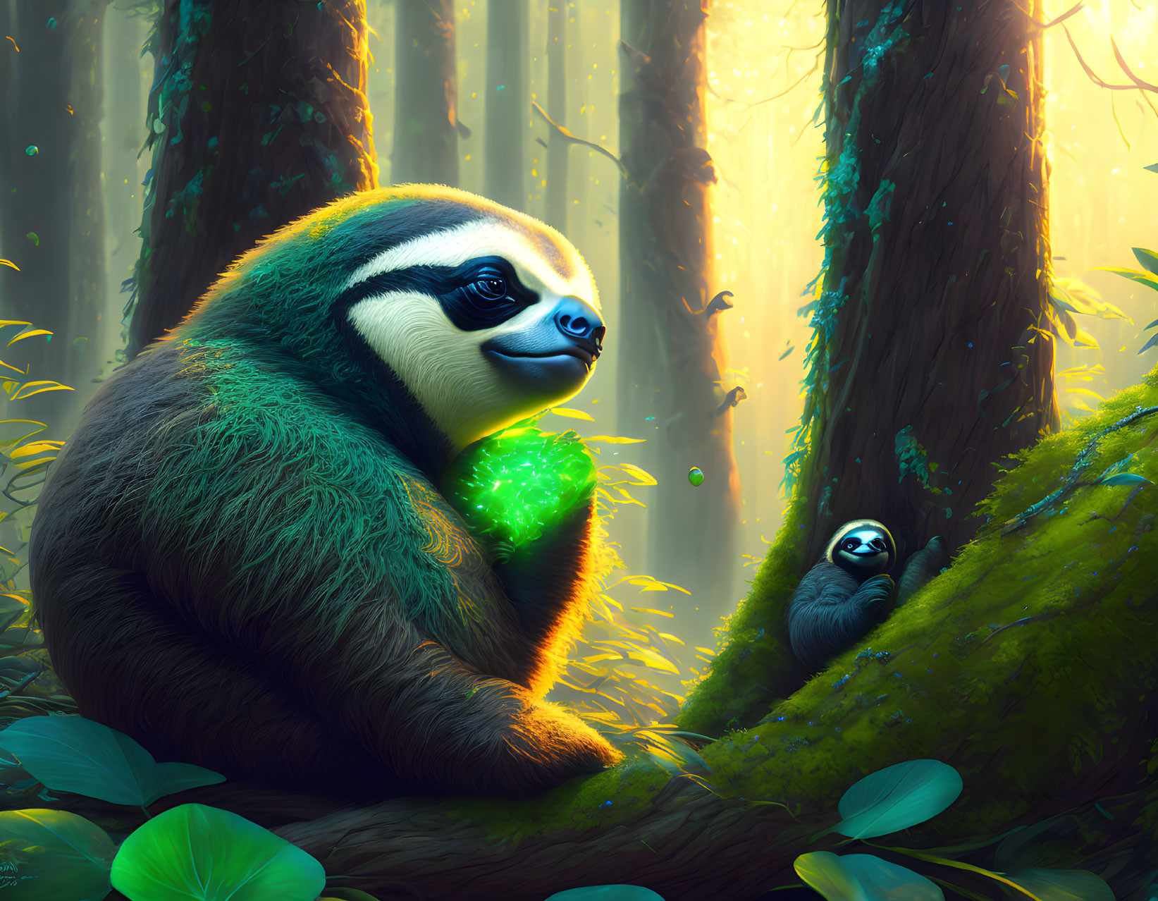 Colorful Illustration: Large Sloth with Green Orb and Companion in Sunlit Forest