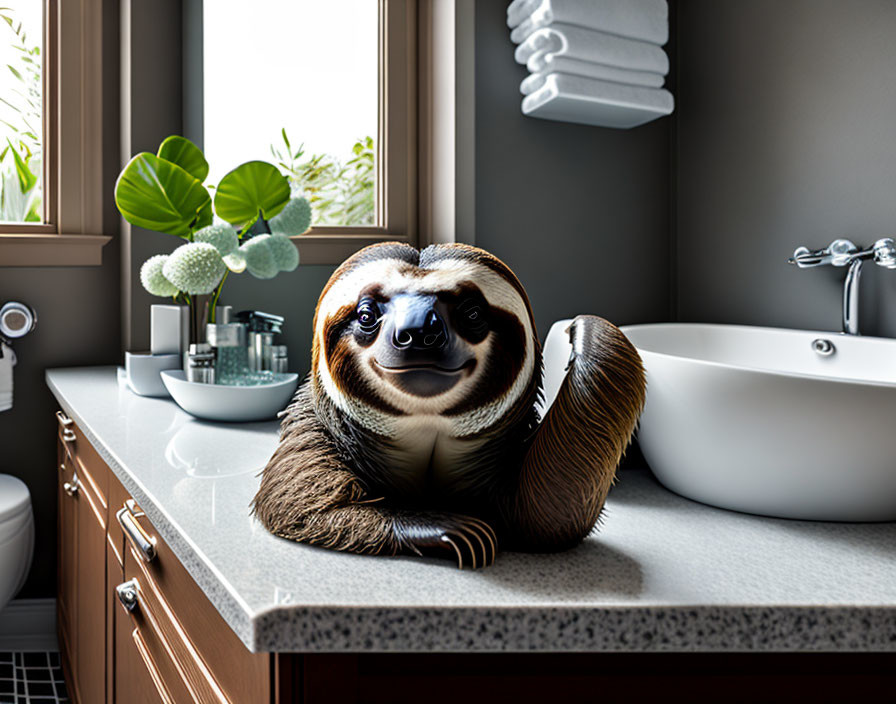 Sloth digitally inserted in modern bathroom setting