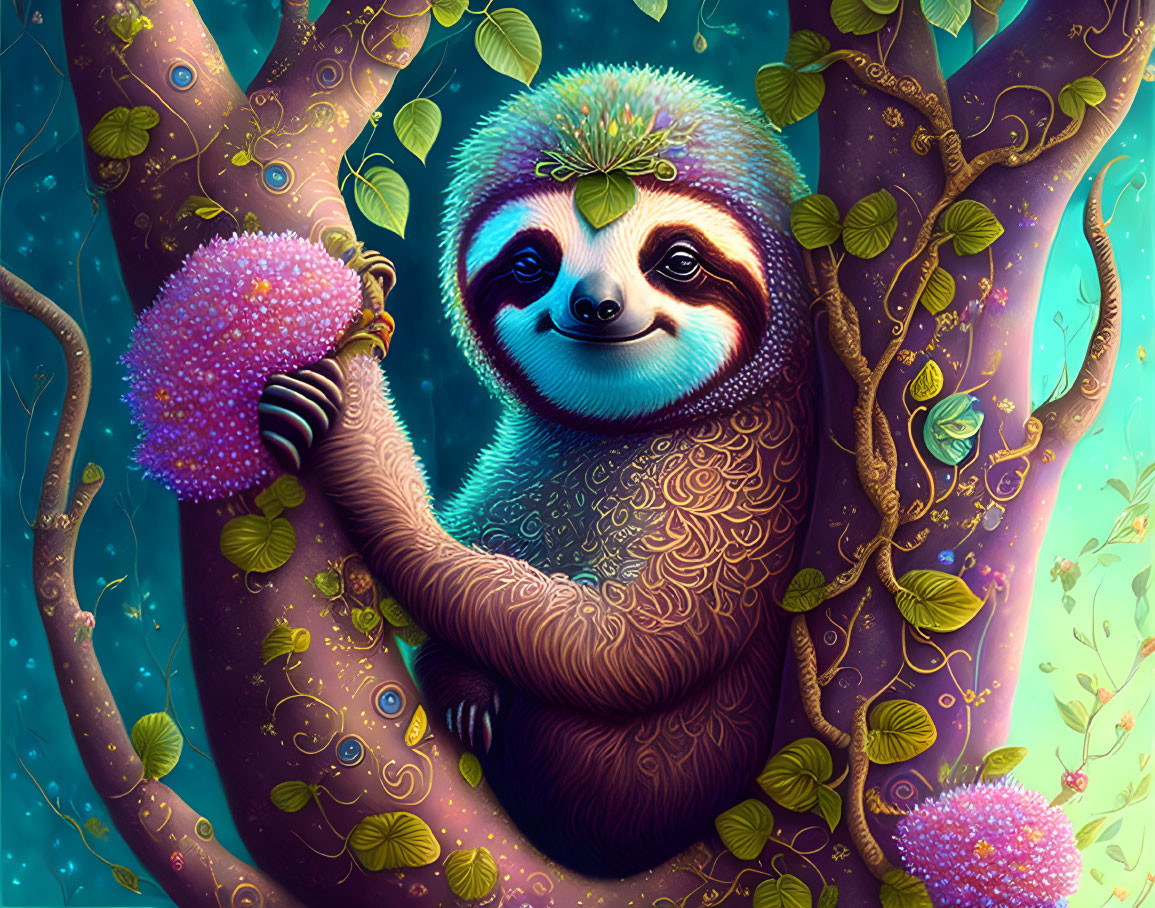 Smiling sloth illustration with pink flower in magical forest