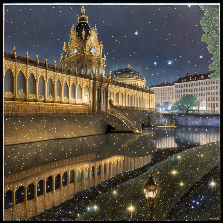 Golden palace with clock tower by river under starry night sky