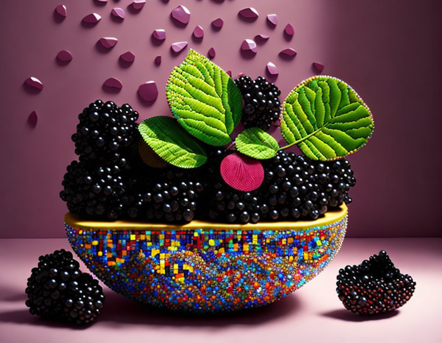 Colorful mosaic bowl with blackberries, raspberry, and green leaves on purple background