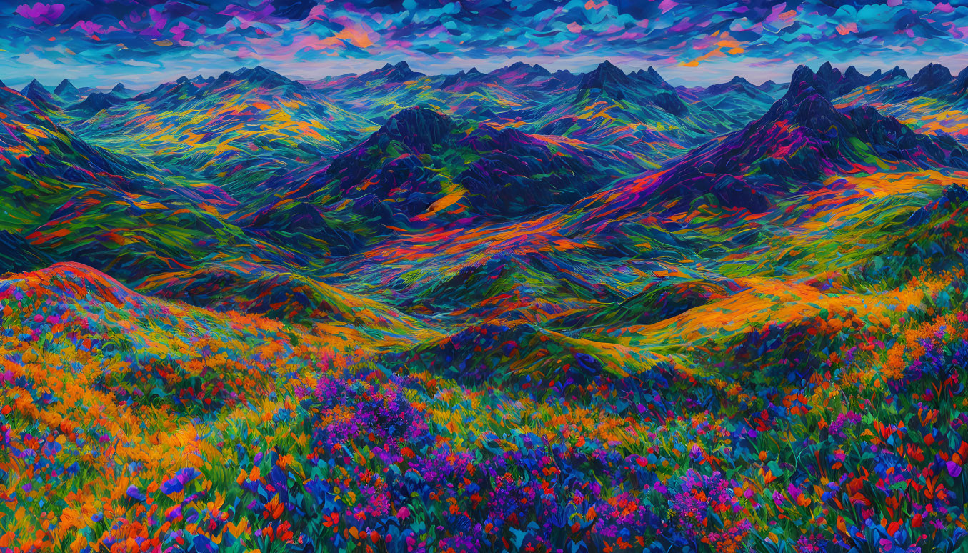 Colorful Psychedelic Landscape with Vibrant Mountains & Floral Vegetation