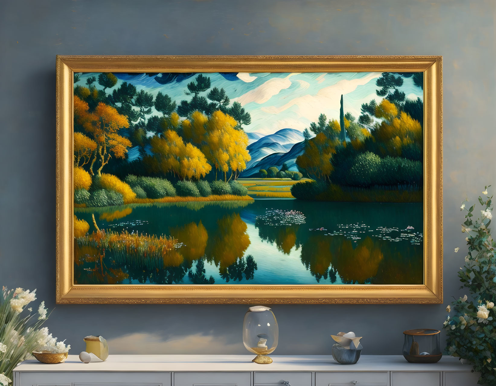 Serene river landscape painting with lush trees and hills