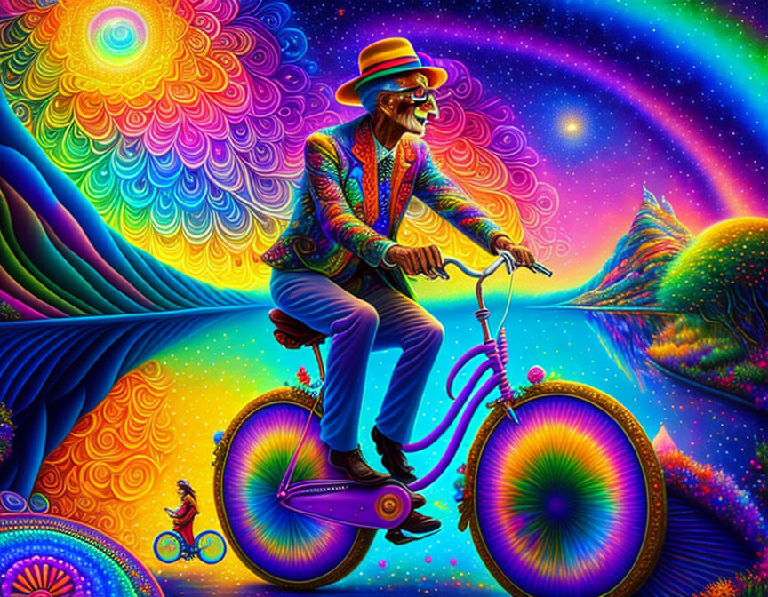 Colorful Psychedelic Art: Stylish Man on Bicycle in Fantastical Universe