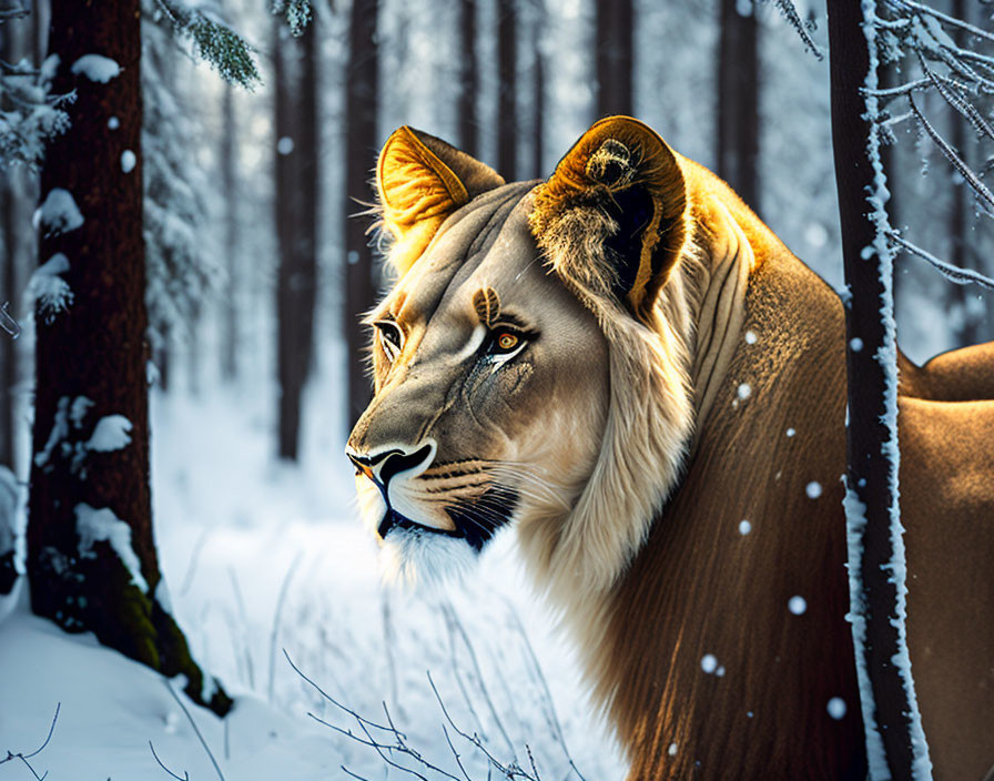 Lion with large expressive eyes in snowy forest with sunbeams