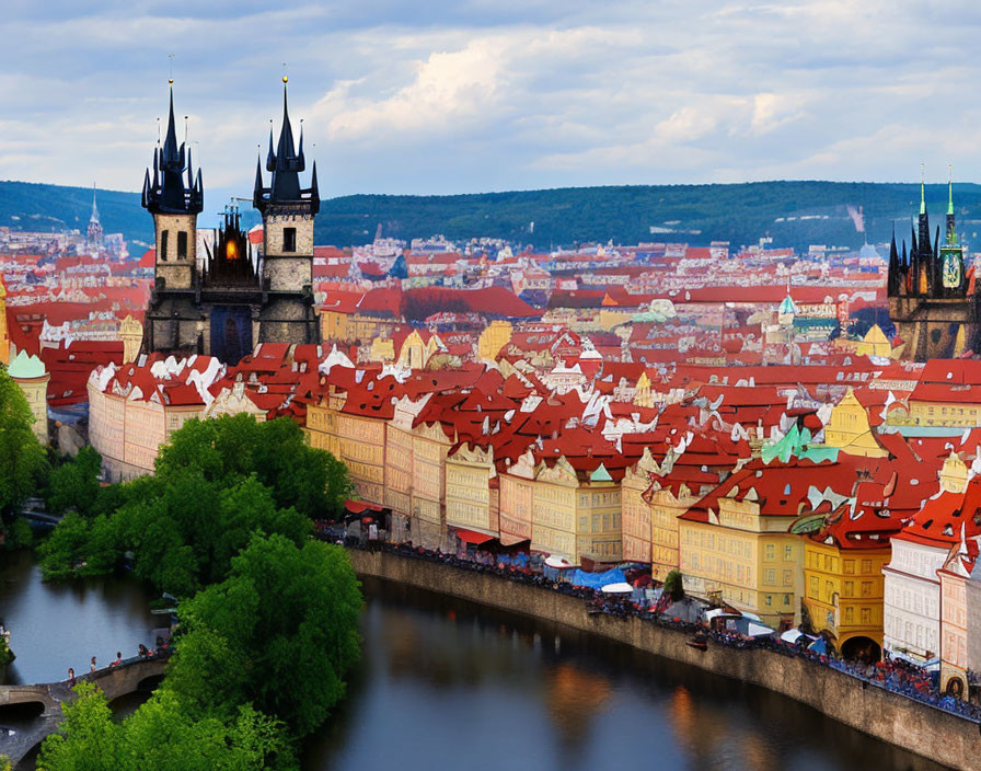 Prague Gothic architecture and terracotta roofs by the river