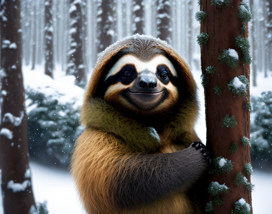 Smiling sloth with thick fur on snow-covered tree