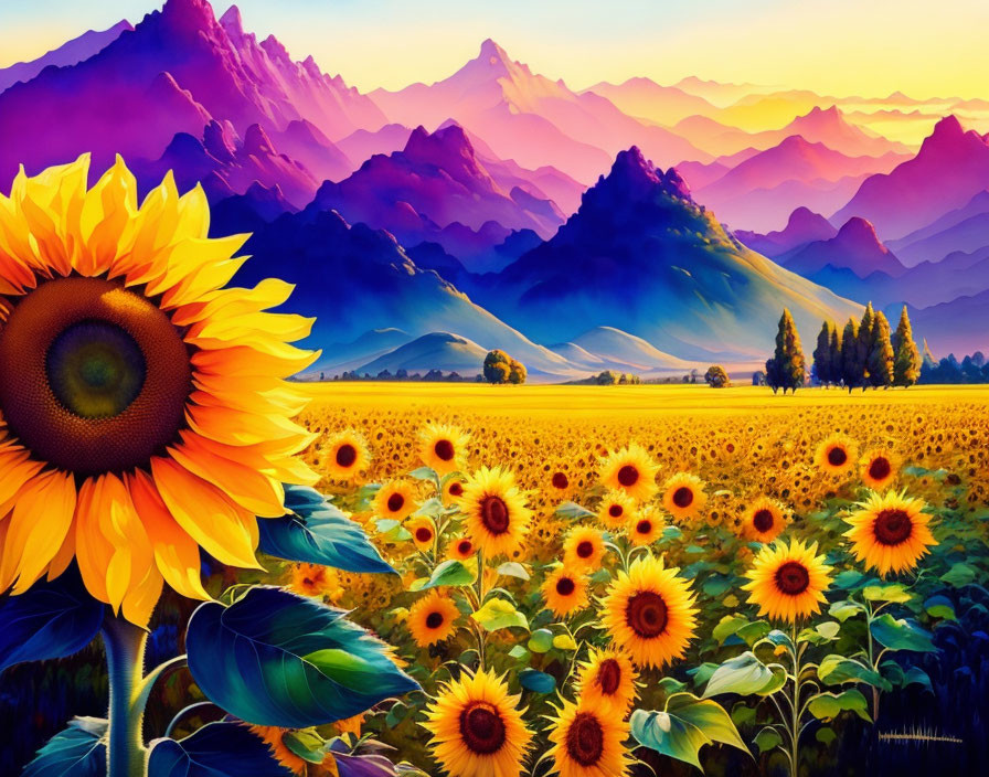 Sunflower Field with Purple Mountains and Sunset Sky