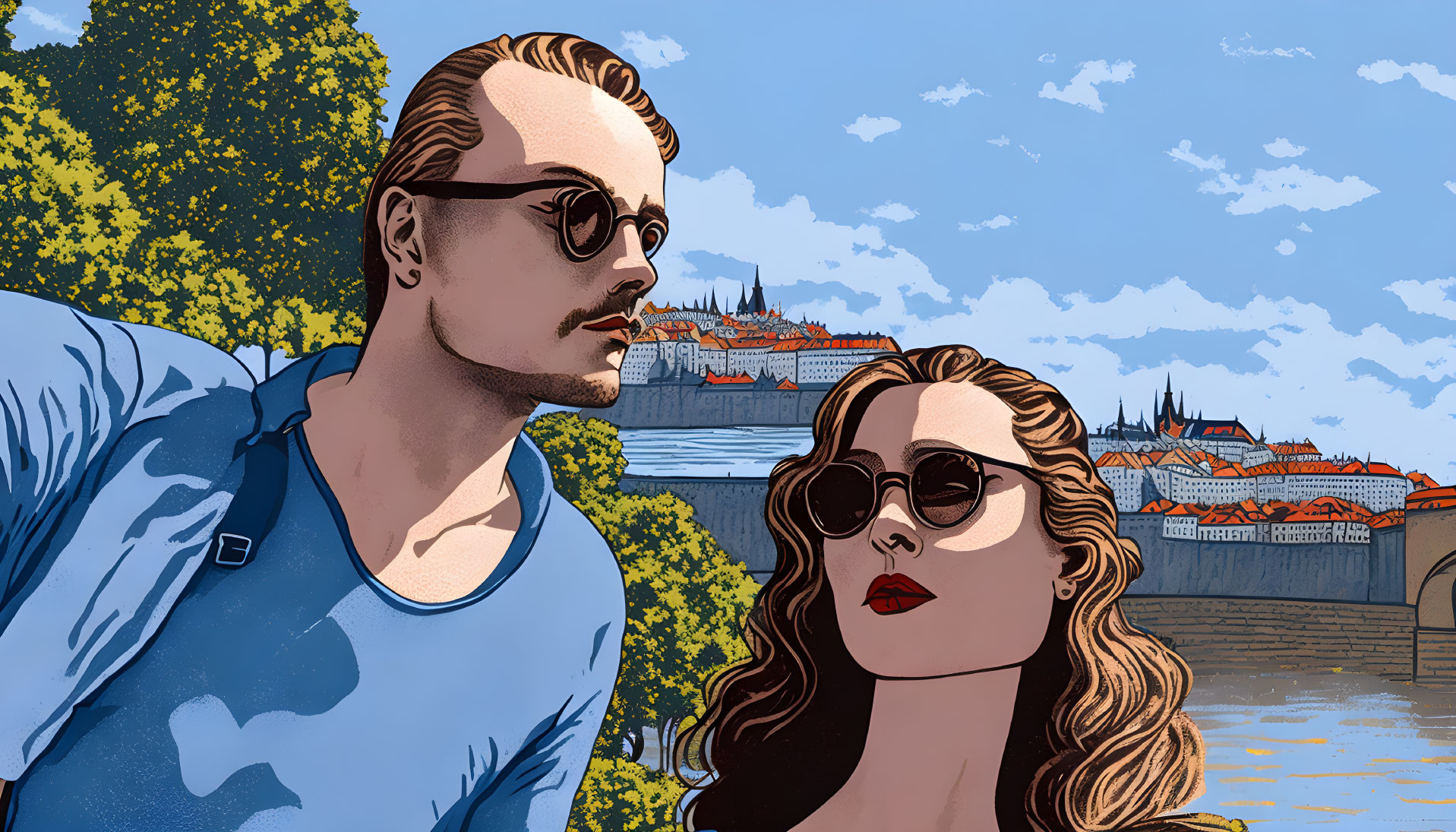 Man and woman in sunglasses with cityscape and river under blue sky.