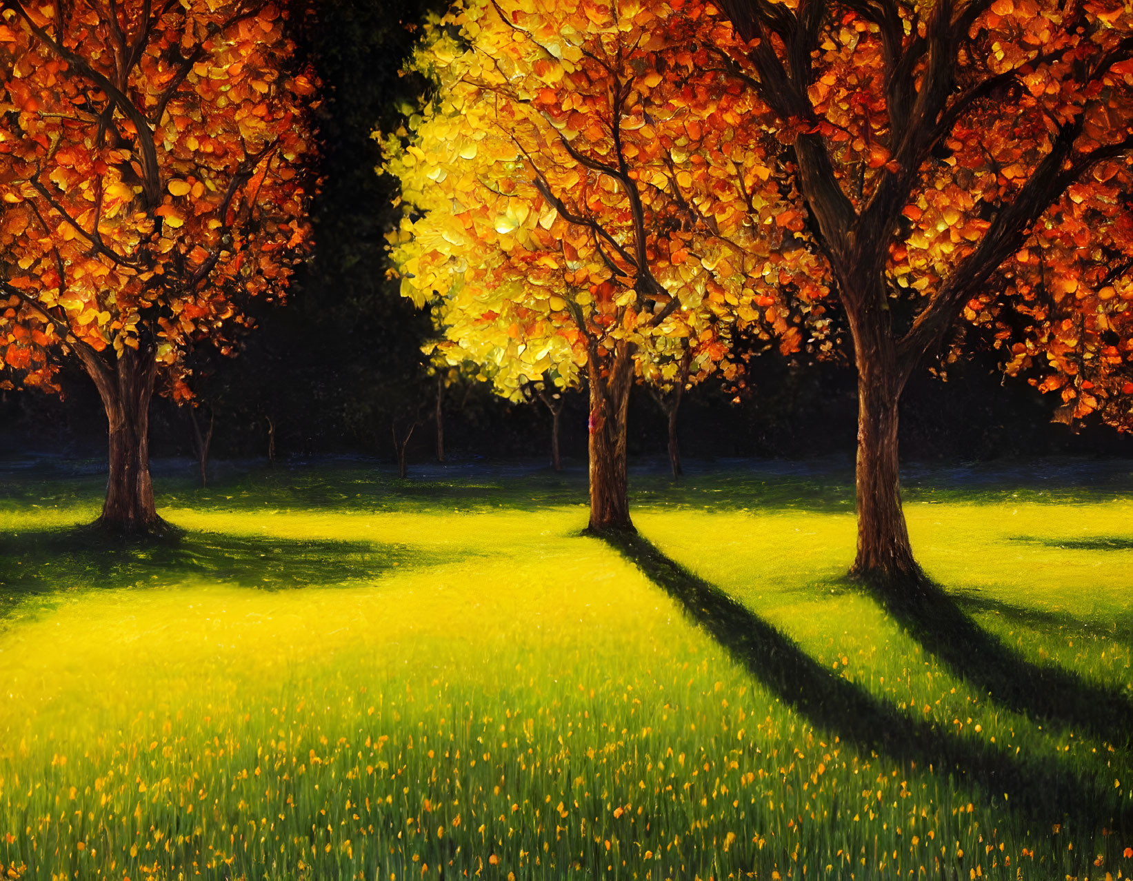 Vibrant autumn scene: orange and yellow trees on grassy field