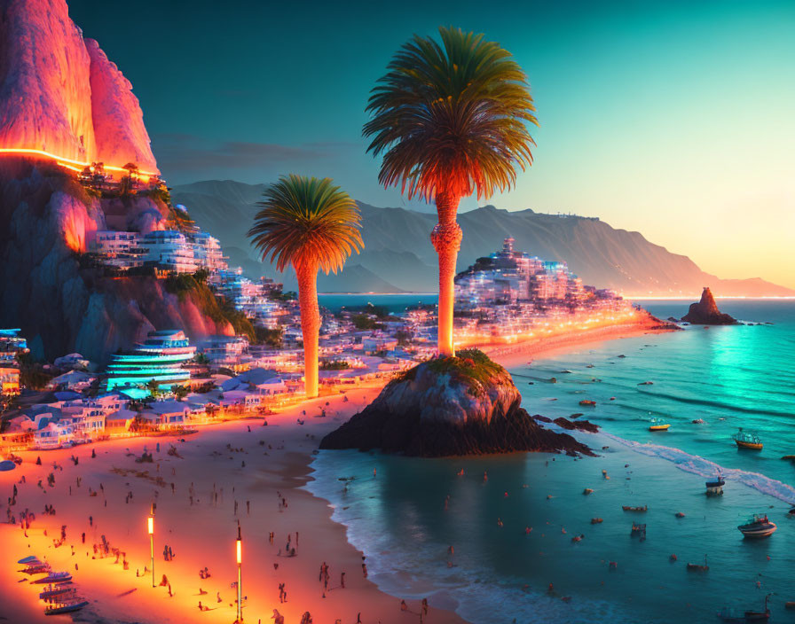 Bustling beach at twilight with palm trees, boats, and vibrant cityscape.