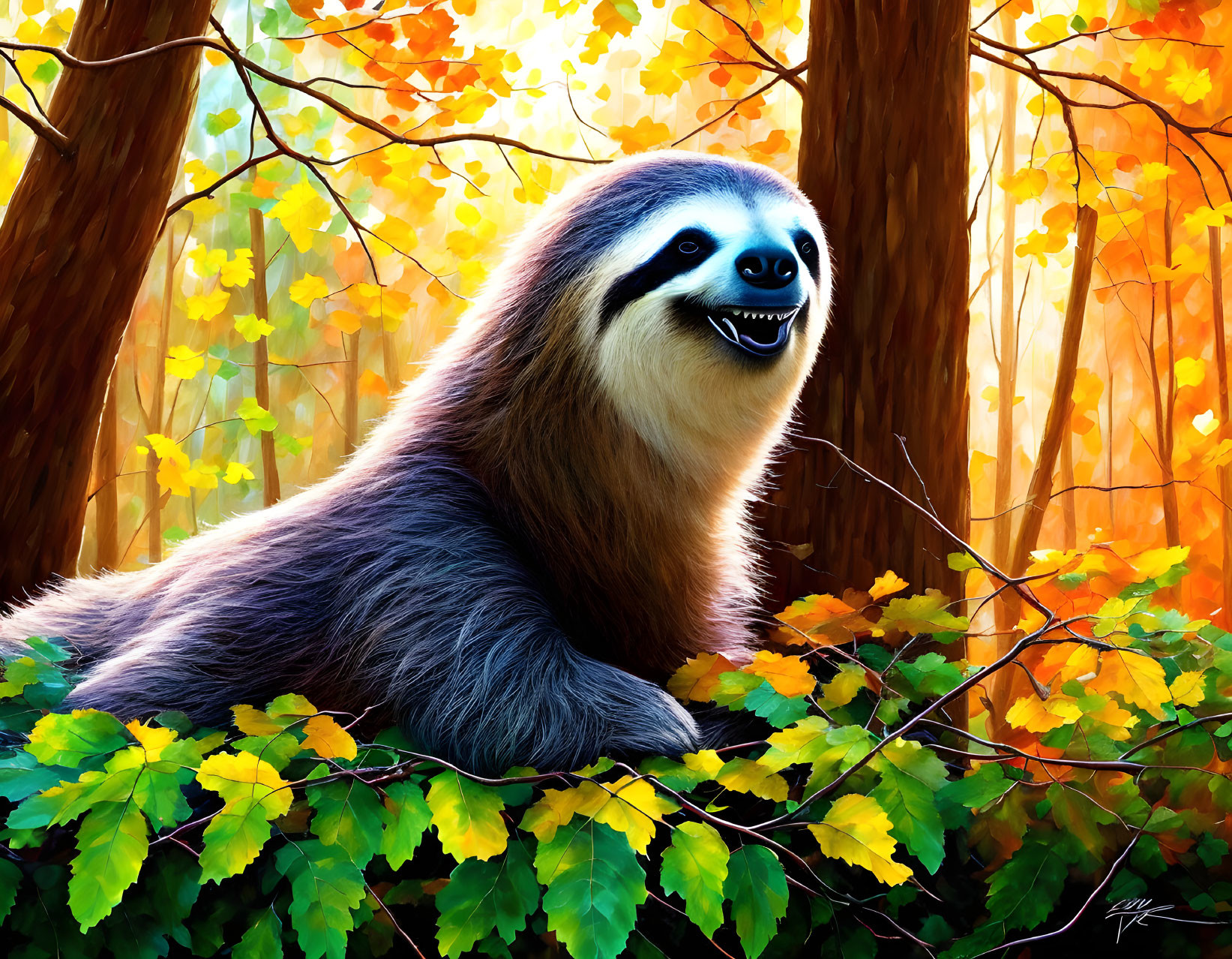 Smiling sloth in autumn forest with sunlight filtering through trees