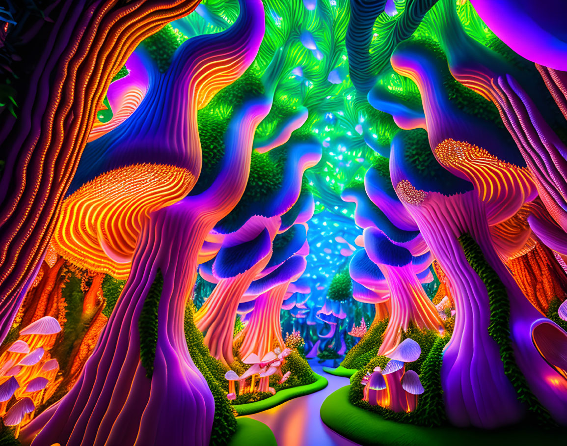 Psychedelic forest with swirling purple and orange trees under green canopy