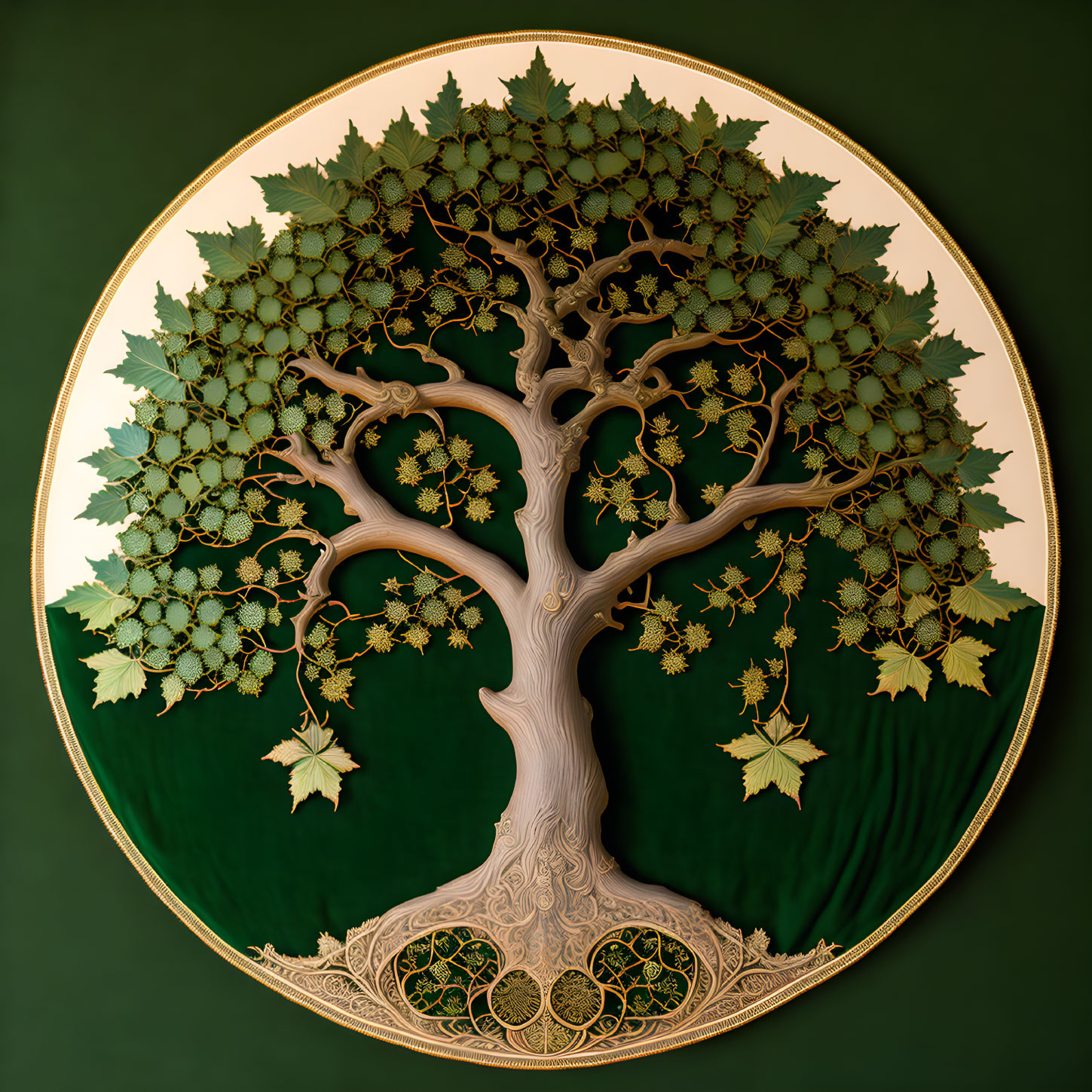 Intricate tree-shaped artwork with Celtic designs on dark green background