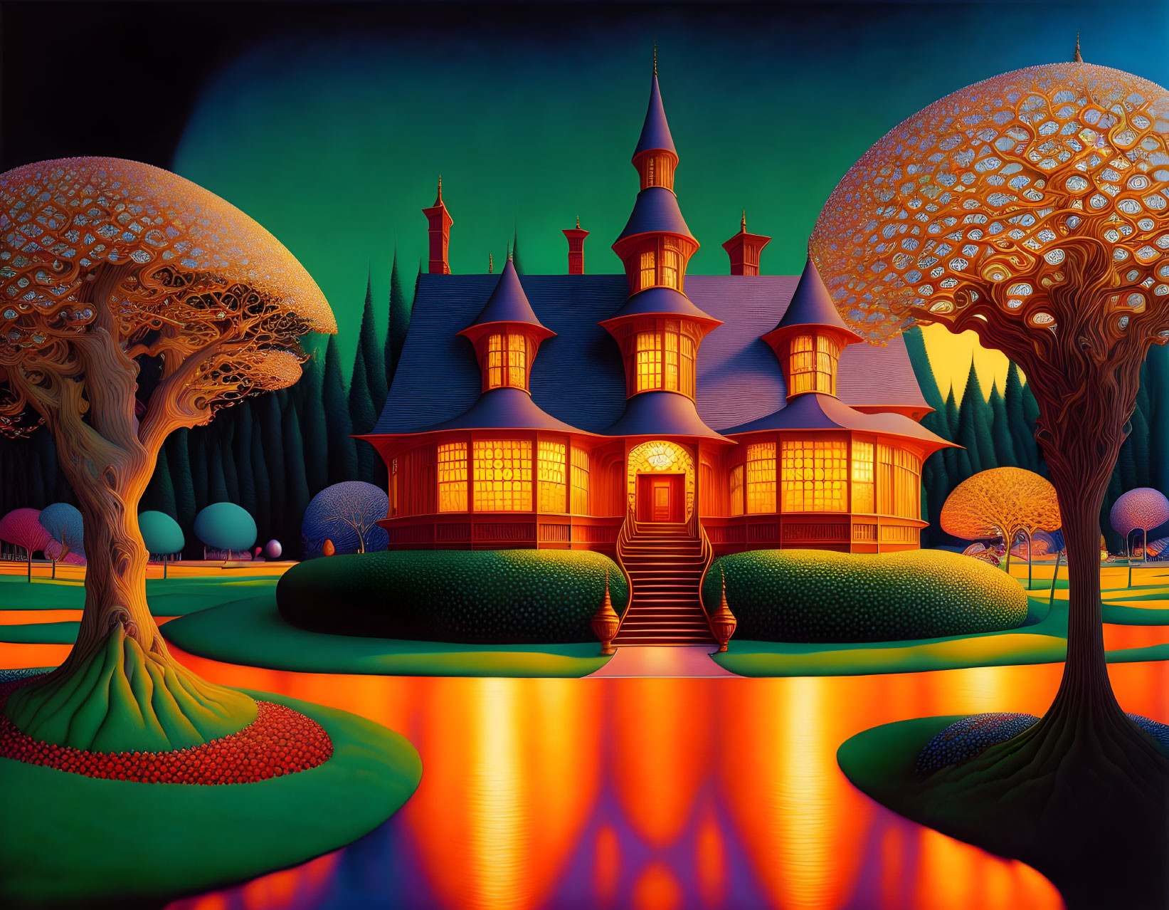 Whimsical Victorian house art with bright lights, trees, and orange river