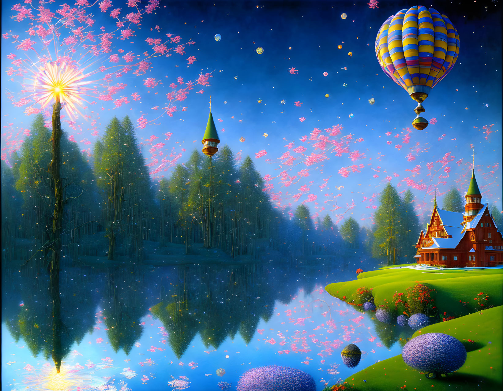 Colorful landscape with lake, pine trees, hot air balloon, starry sky, blossoming tree