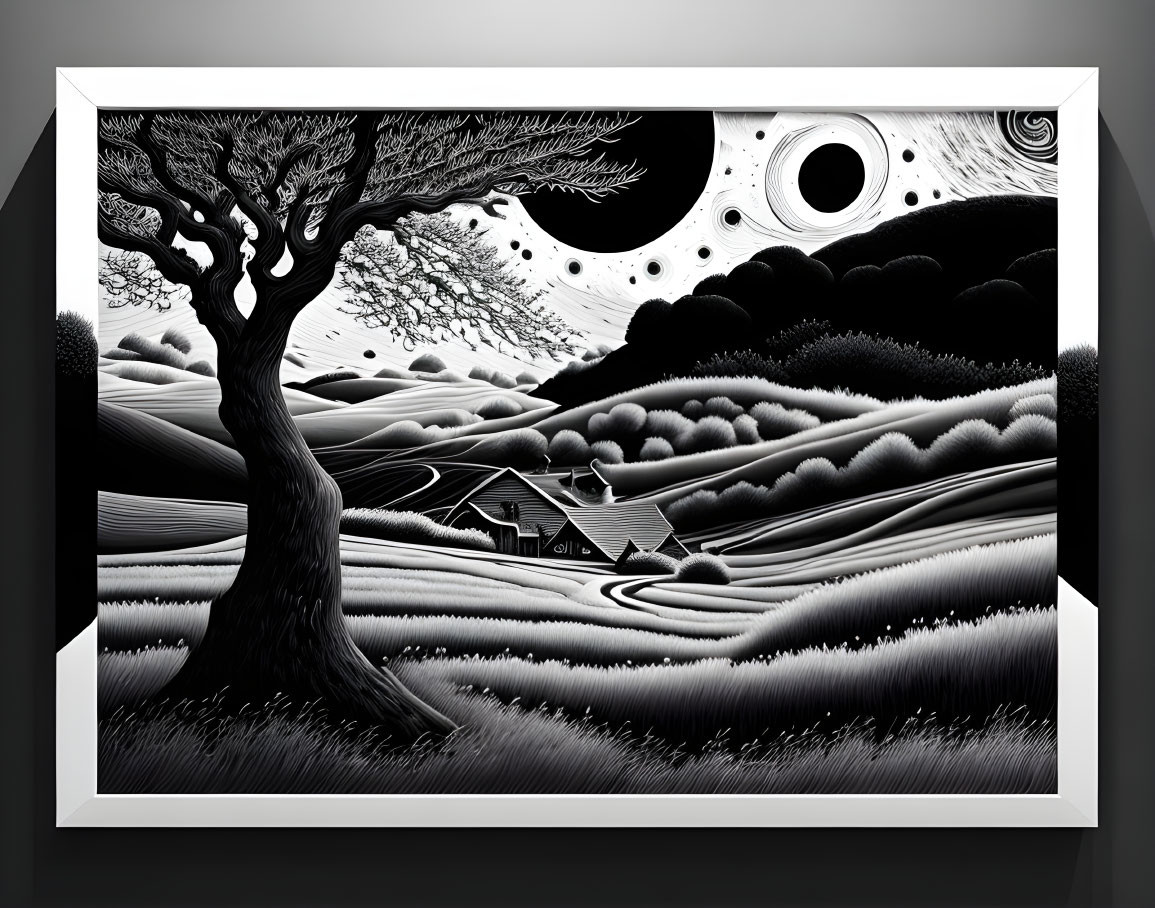 Monochrome surreal landscape art with stylized tree and celestial bodies on wall