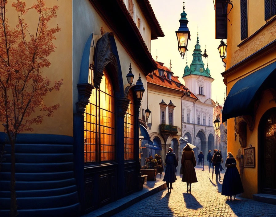 European Street Scene: Dusk Lighting, Cobblestones, Pedestrians, Historic Architecture