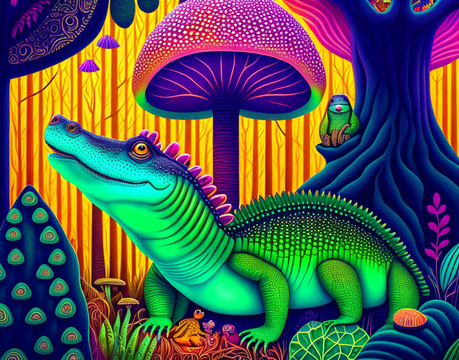 Colorful alligator in psychedelic forest with oversized mushrooms and whimsical trees